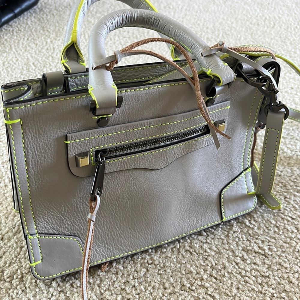 Rebecca Minkoff leather gray with neon green/yellow accents